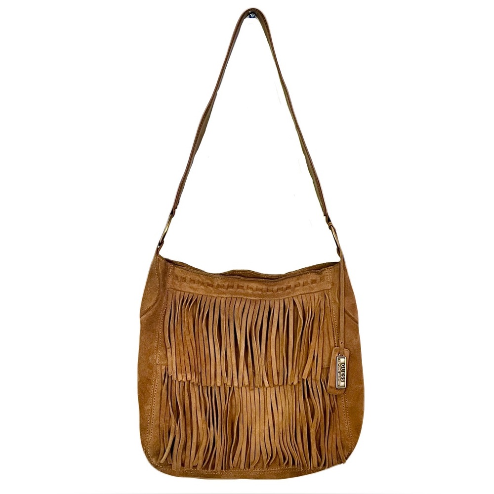 Vintage Y2K 90s Guess Tan Suede Fringe Western Bohemian Hobo Bag
